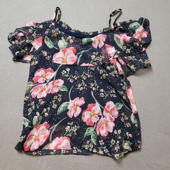 Cabi 5220 Fairytale Navy Pink Floral Cold Shoulder Ruffle Sleeve - Picture 2 of 7